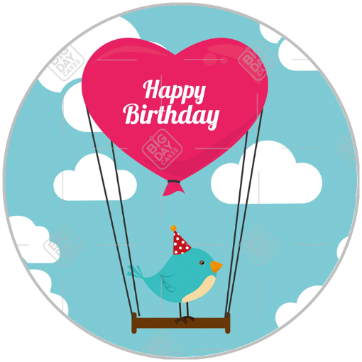 Happy Birthday bird in a balloon topper - round