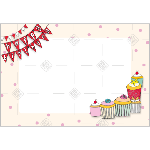 Birthday bunting and cupcakes V2 frame - landscape