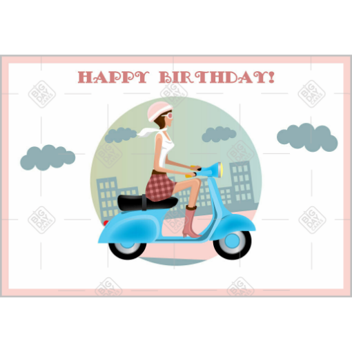 Happy Birthday lady on a scooter topper - landscape
