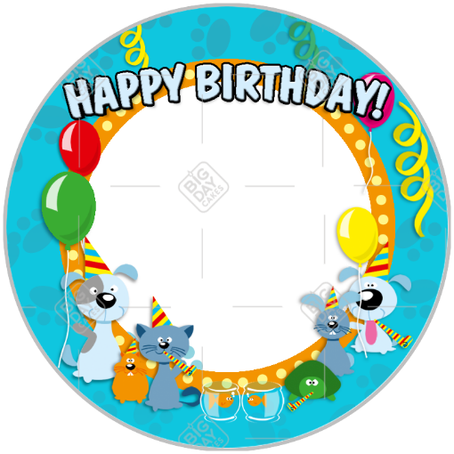 Happy Birthday animals blue frame - round